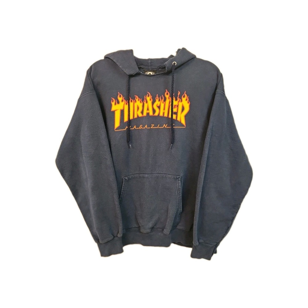 VINTAGE Thrasher Magazine Hoodie Mens Medium Blue Red Flames Logo Skater Men SEE